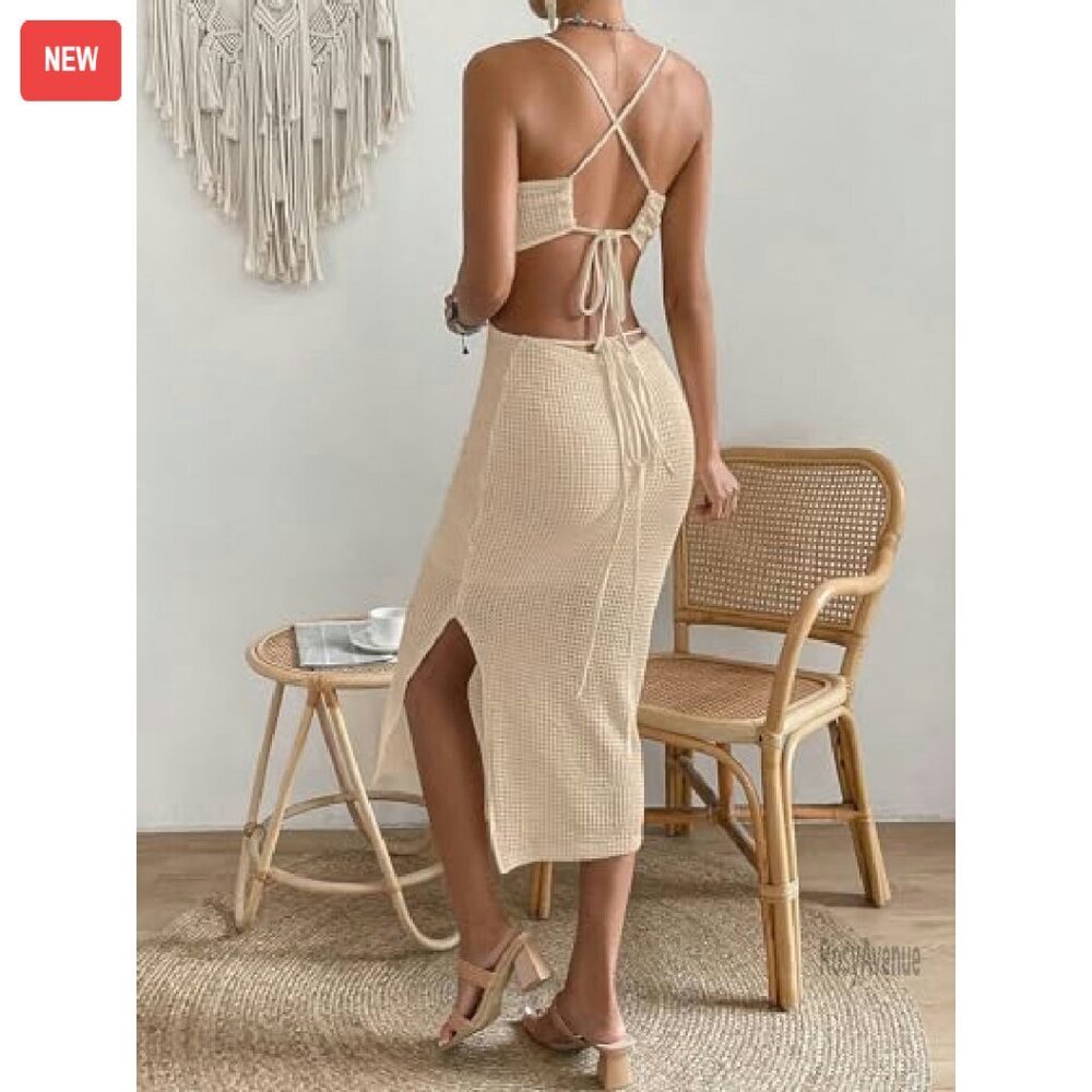 Cut Out Criss Cross Tie Back Midi Bodycon Dress Soft Stretch Fabric - Picture 4 of 6